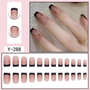French ombre chocolate brown press-on nails with black tips and glossy finish