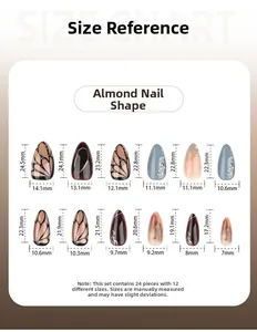 Size guide for 24pcs short almond press-on nails with 12 specific width and length measurements