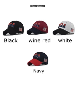 Multiple color options of cotton USA baseball caps with detailed flag and 3D embroidery