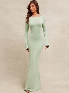 Abito Maxi Schiena Scoperta Maglia Poliestere Maniche Lunghe Campana Lacci Bodycon Party Clubwear Per Donna