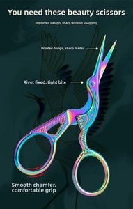 Vista dettagliata delle forbici a gru iridescenti con punte affilate e perno a rivetto