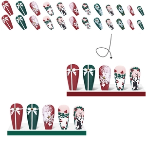 Christmas false nails with red green deer and snowflake patterns on matte coffin tips