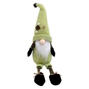 Christmas gnome doll with green felt hat and long striped legs for holiday decoration