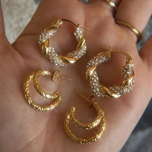 18K gold plated multi-layer stainless steel hoop earrings with sparkling zircon inlay