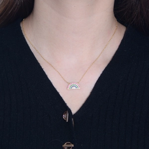 S925 sterling silver rainbow zircon semi-circle pendant necklace on female model