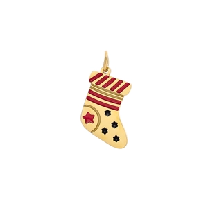Detail of Christmas stocking pendant with red stripes and black star in gold metal