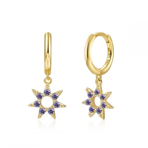 Detail of S925 silver gold hoop earrings with purple zircon sunburst charms