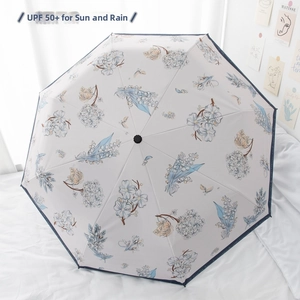 Detailed close-up of a floral UV-protection folding umbrella with UPF50+ rating