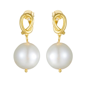 925 silver pearl drop earrings with golden knot design and crystal accents on white background