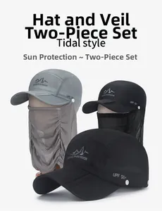 Detail showing UPF 50+ quick-dry sun hat with detachable face cover and neck flap