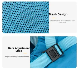 Detail of breathable blue mesh fabric and adjustable strap with plastic buckle for kids hat