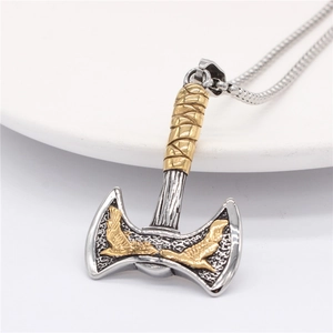 Nordic viking double-headed axe pendant necklace in silver and gold stainless steel