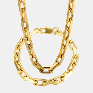 Classic gold stainless steel paperclip chain necklace and bracelet jewelry set for women
