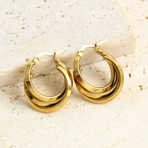 Three-layer C-shaped 18k gold plated stainless steel hoop earrings with high polish