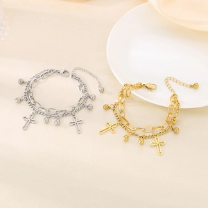 Minimalist double layer stainless steel bracelet with cross pendant in gold and silver