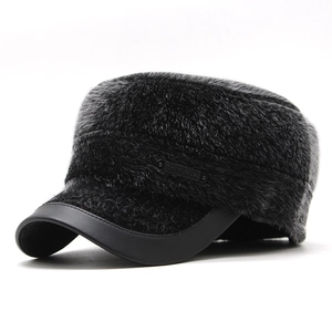 Men Winter Faux Fur Cadet Hat Warm Ear Protection Windproof Flat Top Cap Faux Mink Fur Thick Outdoors Solid Color