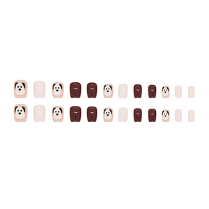 24pcs short square press-on nails featuring dark red color and cute dog cartoon designs