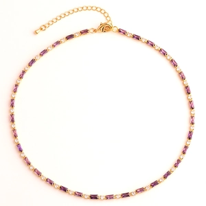 Detailed view of gold choker necklace with rectangle purple zircon and lobster clasp