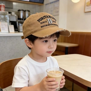 Kids vintage washed khaki baseball cap with Boston B embroidery and distressed brim