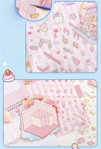 Detail of PET waterproof cartoon zoo stickers showing cute cats and miniature furniture