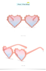 Detailed views of pink heart-shaped kids sunglasses with pink-blue gradient lenses