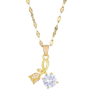 Elegant gold rose pendant necklace with sparkling zircon crystals and large round stone
