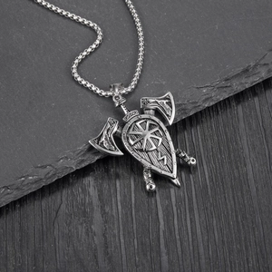 Nordic Viking double axe and sun wheel shield pendant with silver bead chain