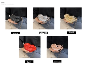Lip-shaped hard shell clutch bags in black silver gold red and champagne finish