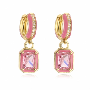 Pink enamel drop earrings with gold metal and rectangular step-cut gemstones