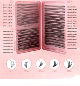 Detail view of 10D to 50D DIY individual lash clusters in various lengths for extensions