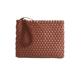 Brown hand-woven clutch bag with wristlet strap and stylish textured minimalist finish