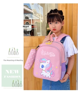 Detail of pink unicorn kids backpack with side mesh pocket and matching star-print pouch