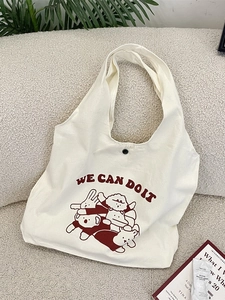 Sac fourre-tout mignon en toile pour femme avec imprimé cartoon et bouton-pression