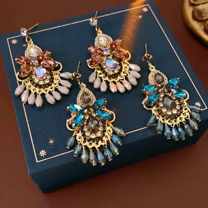 Vintage chandelier crystal tassel earrings with rhinestones and beads in retro style