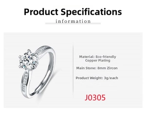 Detail view of adjustable silver ring with six-prong 8mm zircon and product specifications