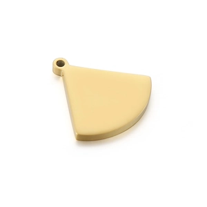 Close-up of a polished gold fan-shaped titanium steel pendant with a glossy metallic finish