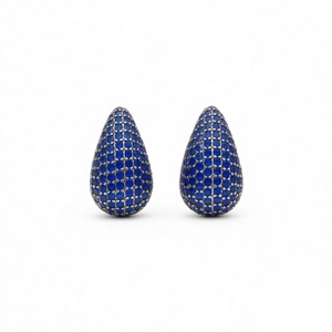 Vintage gold teardrop earrings with deep blue textured stones and mesh pattern detailing