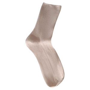 Beige ribbed knit mid-calf slouch socks with vertical stripe texture on white background