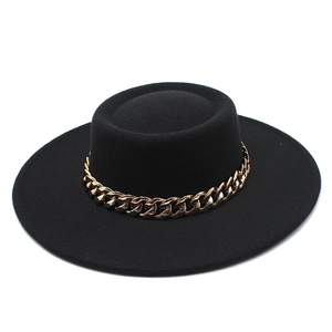 Classic black flat top wool felt boater hat with stylish gold chain band decoration