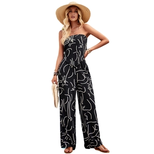 Bohemian women's black strapless jumpsuit with white abstract print and wide-leg design