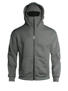 Detail view of dark grey full-zip hoodie featuring a unique full-enclosed hood design
