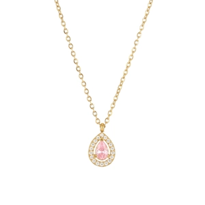Elegant gold necklace with a pear-cut pink zircon pendant and halo diamond setting