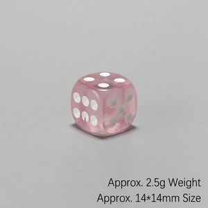 Detail of pink translucent 6-sided dice weighing 2.5g and measuring 14x14mm
