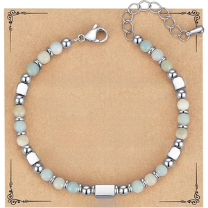 4mm natural stone beaded bracelet with light blue zebra jasper and stainless steel clasp
