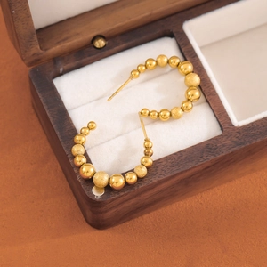 18K gold plated stainless steel U-shaped bead earrings in a premium wooden jewelry box