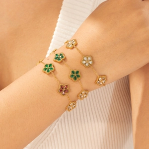 Bracciale a catena in acciaio inossidabile dorato con fiori di zircone colorati per donna