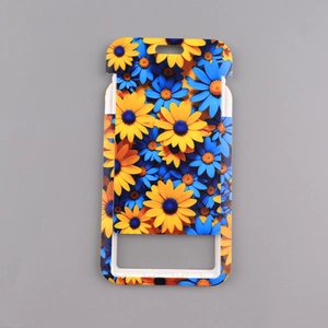 Detailed view of floral phone lanyard showing blue and yellow daisy prints on polyester fabric