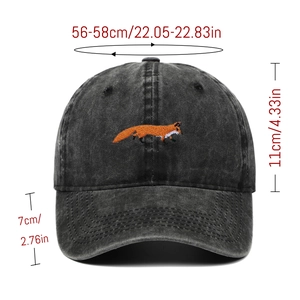 Close-up of vintage washed black baseball cap with orange fox embroidery and sizing details