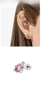 Macro shot of pink star stud earring with secure screw back for helix and conch piercings