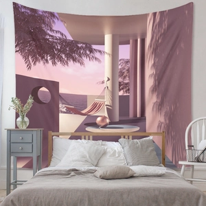 Detail of surrealist architectural tapestry hung over a bed in a modern bedroom setting
